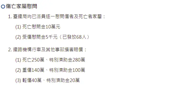 台铁公布列车出轨事故赔偿方案：每位死者赔偿540万新台币