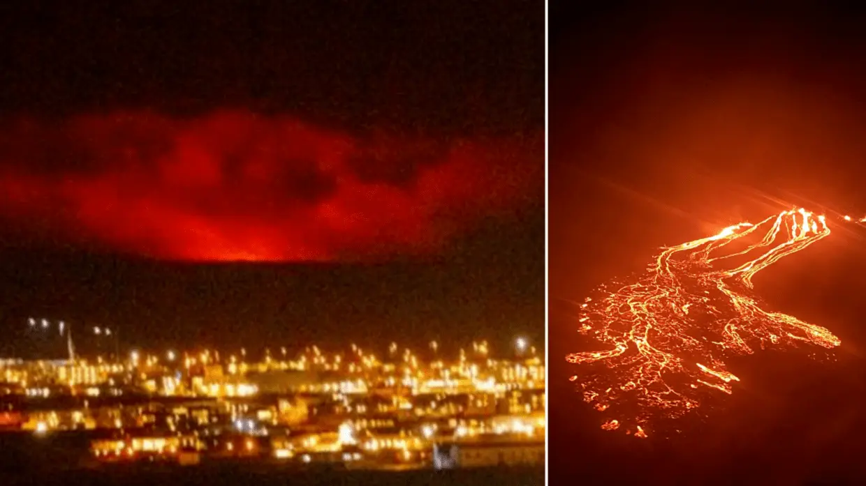 场面壮观！冰岛火山喷发，岩浆喷射照亮夜空