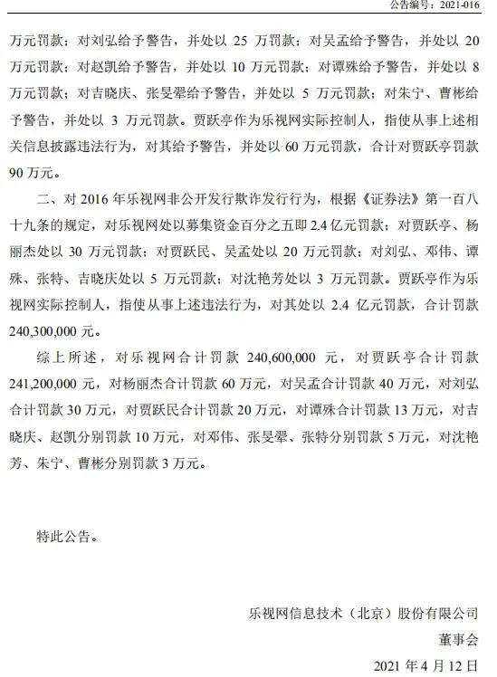 财务造假十年，乐视网实控人贾跃亭被罚2.412亿元