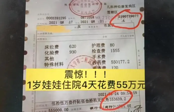 幼儿住院4天花费55万，涉事医院：价格全国统一，零加成