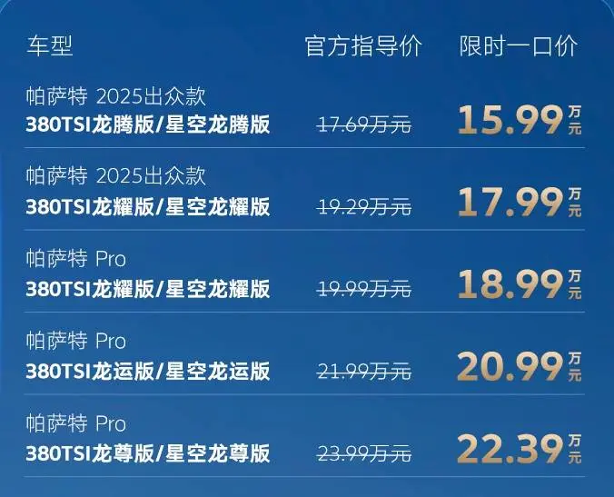 帕萨特Pro 18.99万元起，全系380能源套装，大疆智驾上车