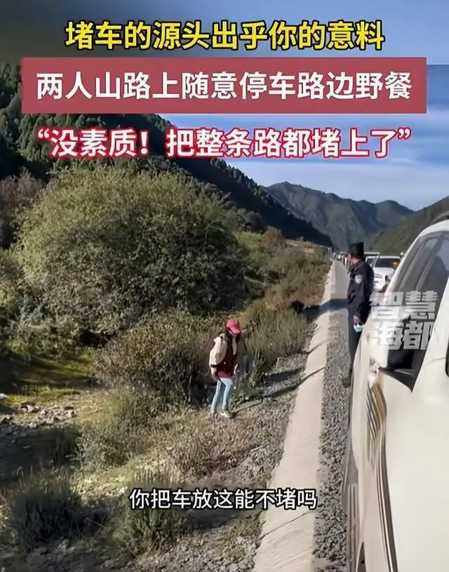 堵车的源泉超乎你的预念念！两东谈主山路上粗俗泊车路边野餐，途经司机：太没修养了！