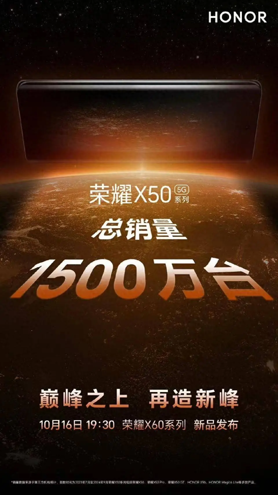 荣耀X50系列销量达1500万，X60新品发布在即引体恤