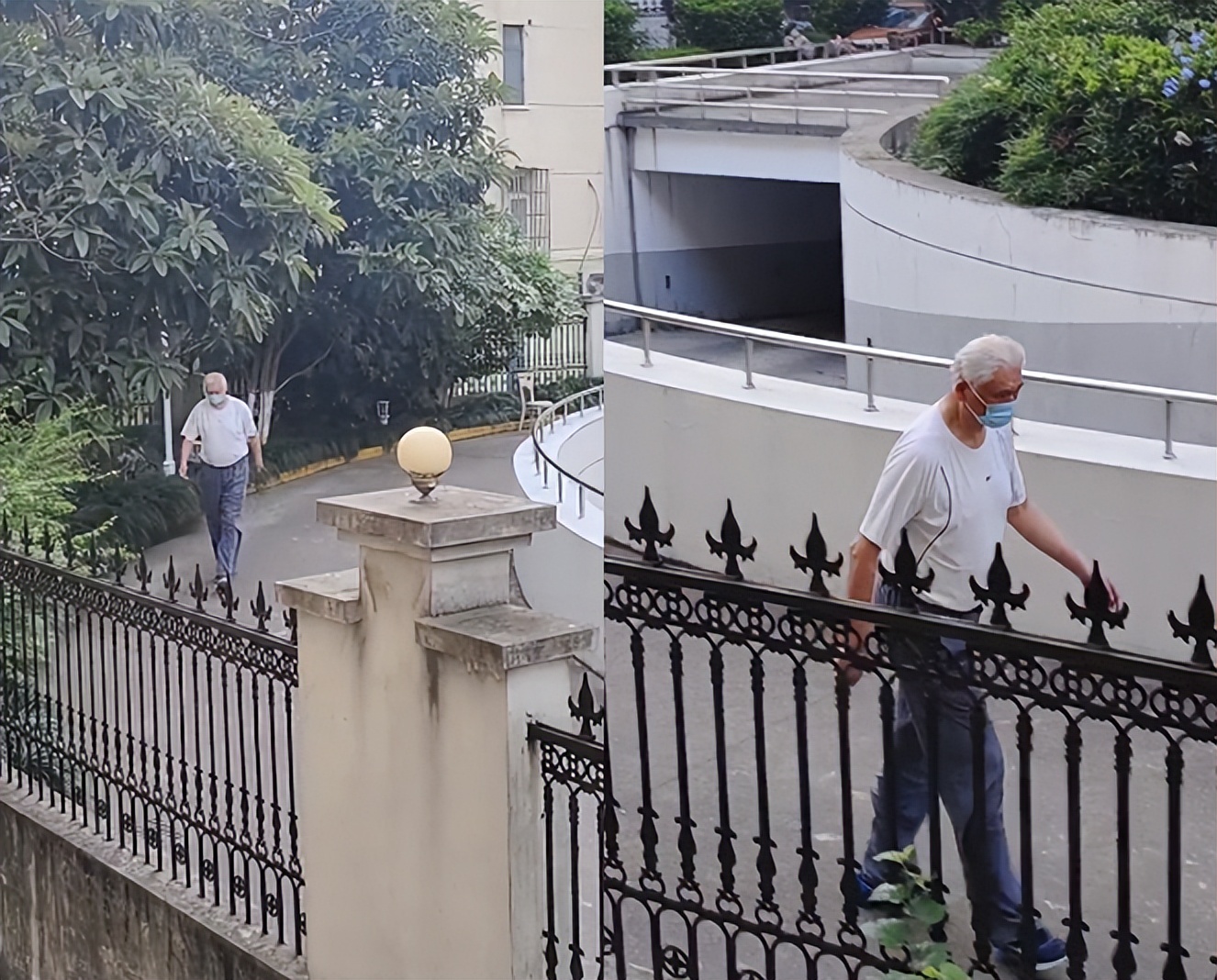 姚明70岁父亲散步被偷拍，头发花白步伐超快，个子超2米十分抢镜